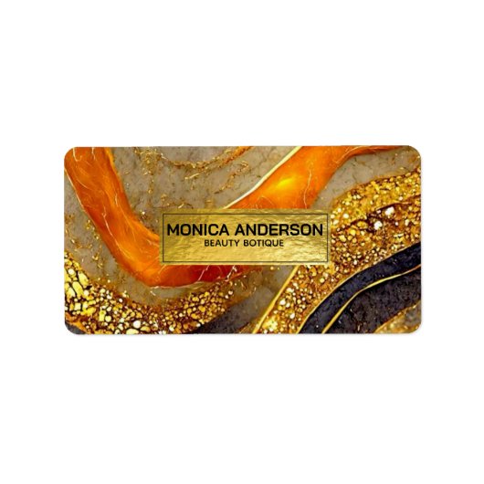 Luxury Gold Black Orange Abstract Metallic Marble ラベル (正面)