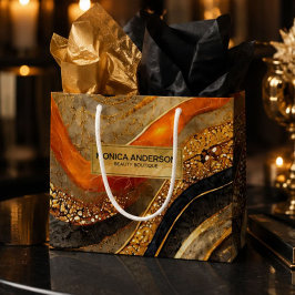 Luxury Gold Black Orange Abstract Metallic Marble ラージペーパーバッグ