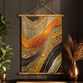 Luxury Gold Black Orange Abstract Metallic Marble 吊り下げ型タペストリー