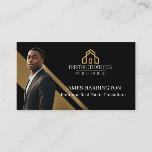 Luxury Gold & Black Real Estate Agent Photo Logo 名刺 (正面)