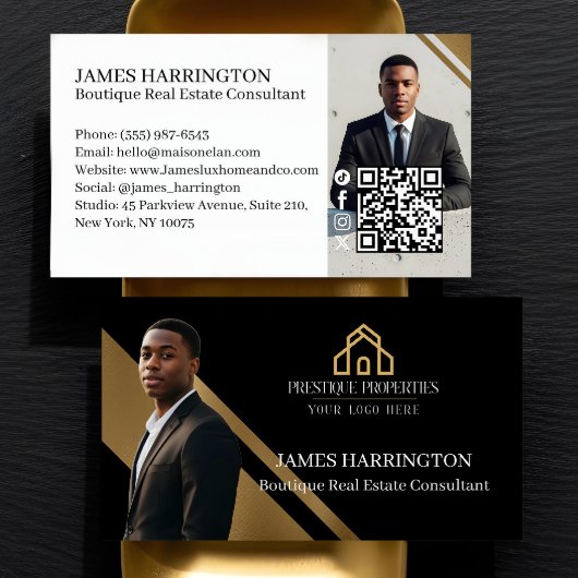 Luxury Gold & Black Real Estate Agent Photo Logo 名刺