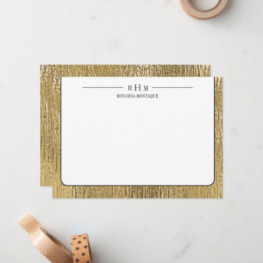 Luxury Gold Black Texture Lined Name Three Initial ノートカード (正面/裏面インサイチュ)