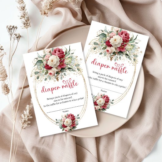 Luxury Gold Burgundy Floral Diaper Raffle Insert エンクロージャーカード