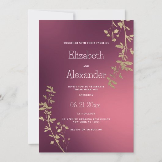 Luxury gold burgundy floral gradient Wedding 招待状 (正面)