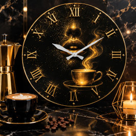Luxury Gold Coffee & Lips Glam Black Wall Art ラージ壁時計