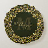Luxury Gold Damask Monogram ラウンドクッション (裏面)