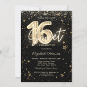 Luxury Gold Diamonds Stars Black Sweet 16 招待状 (正面)