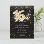 Luxury Gold Diamonds Stars Black Sweet 16 招待状 (スタンド正面)