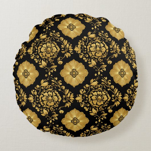 Luxury Gold Floral Damask Pattern On Black ラウンドクッション (正面)