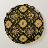 Luxury Gold Floral Damask Pattern On Black ラウンドクッション (裏面)