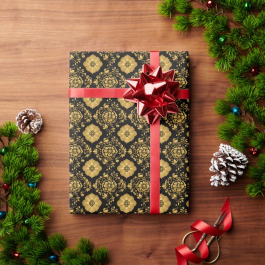 Luxury Gold Floral Damask Pattern On Black ラッピングペーパー (クリスマスギフト)