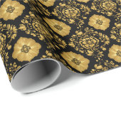 Luxury Gold Floral Damask Pattern On Black ラッピングペーパー (ロールコーナー)
