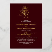 Luxury Gold Floral Deep Burgundy Monogram Wedding 箔招待状 (正面)