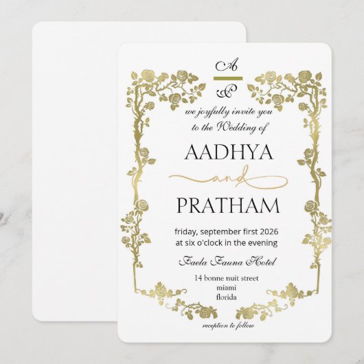 Luxury Gold Floral Frame Wedding 招待状 (正面/裏面)