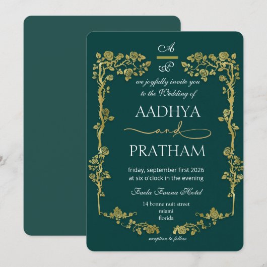 Luxury Gold Floral Frame Wedding 招待状 (正面/裏面)