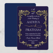 Luxury Gold Floral Frame Wedding 招待状 (正面/裏面)