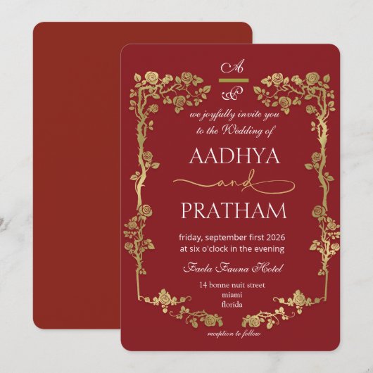 Luxury Gold Floral Frame Wedding 招待状 (正面/裏面)