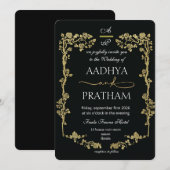 Luxury Gold Floral Frame Wedding 招待状 (正面/裏面)