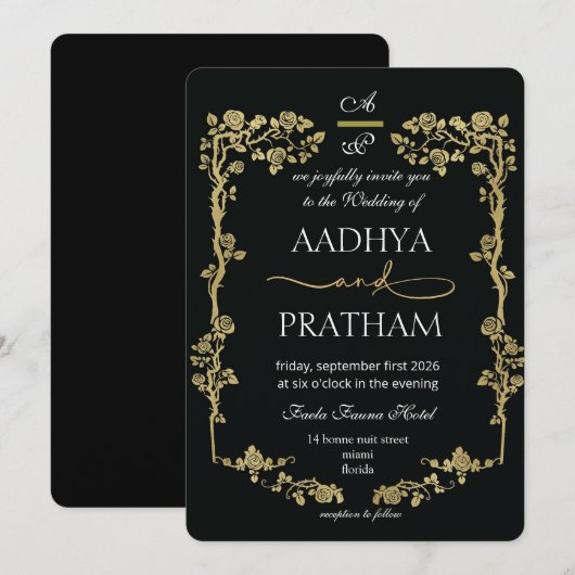 Luxury Gold Floral Frame Wedding 招待状 (正面/裏面)
