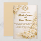 Luxury Gold Floral Wedding with Monogram 招待状 (正面/裏面)