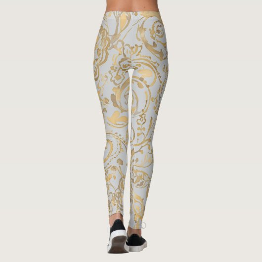 Luxury Gold Florals Soft Grey Leggings レギンス (裏面)