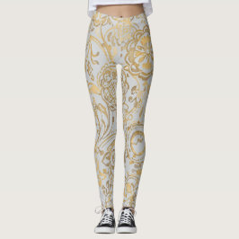 Luxury Gold Florals Soft Grey Leggings レギンス