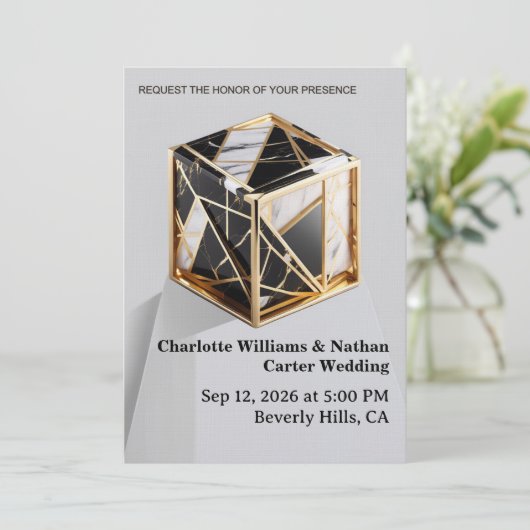 Luxury Gold Foil Black Marble Wedding Invitation 招待状 (スタンド正面)