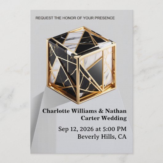 Luxury Gold Foil Black Marble Wedding Invitation 招待状 (正面)