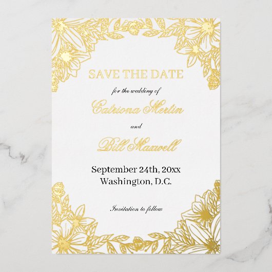 Luxury Gold Foil Floral Save The Date Card 箔招待状 (正面)
