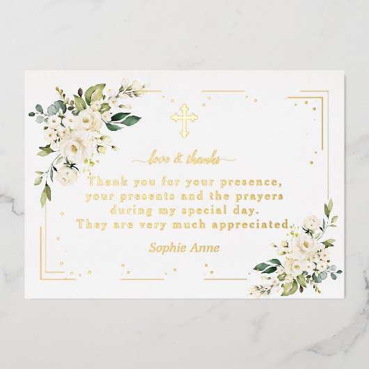 Luxury Gold Foil White Flowers Baptism Thank You 箔招待状 (正面)