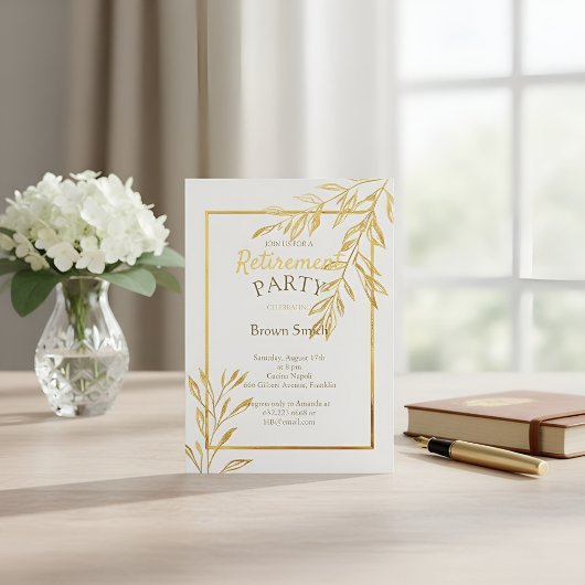 Luxury Gold Foil White Retirement Invitation Elega 招待状