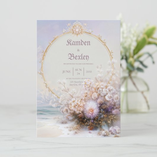 Luxury Gold Frame Beach Floral Pastel Sun Wedding 招待状 (スタンド正面)