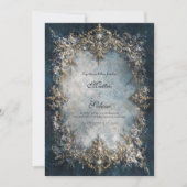 Luxury Gold Frame Dark Teal Floral Baroque Wedding 招待状 (正面)