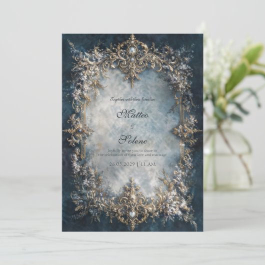 Luxury Gold Frame Dark Teal Floral Baroque Wedding 招待状 (スタンド正面)