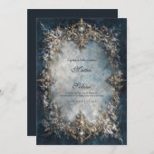 Luxury Gold Frame Dark Teal Floral Baroque Wedding 招待状 (正面/裏面)