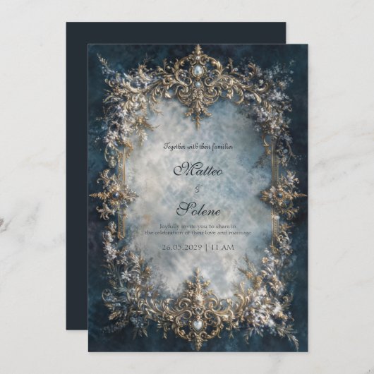 Luxury Gold Frame Dark Teal Floral Baroque Wedding 招待状 (正面/裏面)