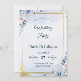 Luxury Gold Frame Navy Blue Floral Wedding Invitat 招待状