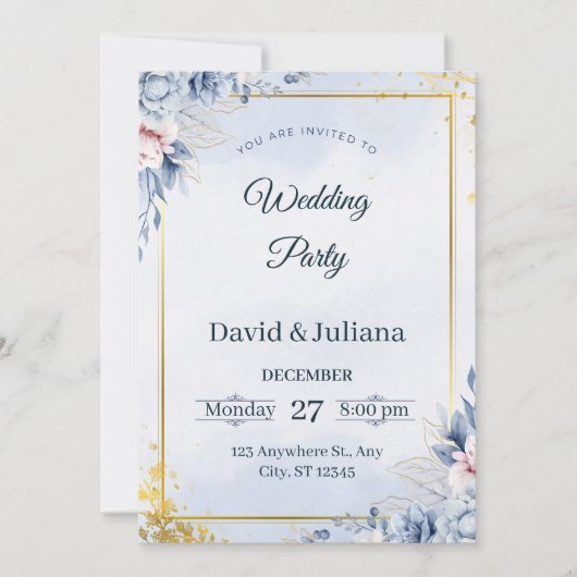 Luxury Gold Frame Navy Blue Floral Wedding Invitat 招待状 (正面)