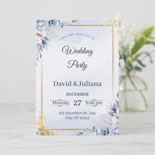 Luxury Gold Frame Navy Blue Floral Wedding Invitat 招待状 (スタンド正面)