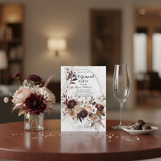 Luxury Gold Geometric Burgundy Floral Retirement I 招待状