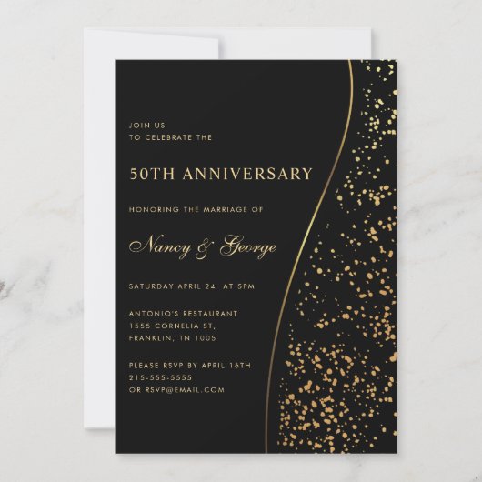 Luxury Gold Glitter Black 50th Wedding Anniversary 招待状 (正面)