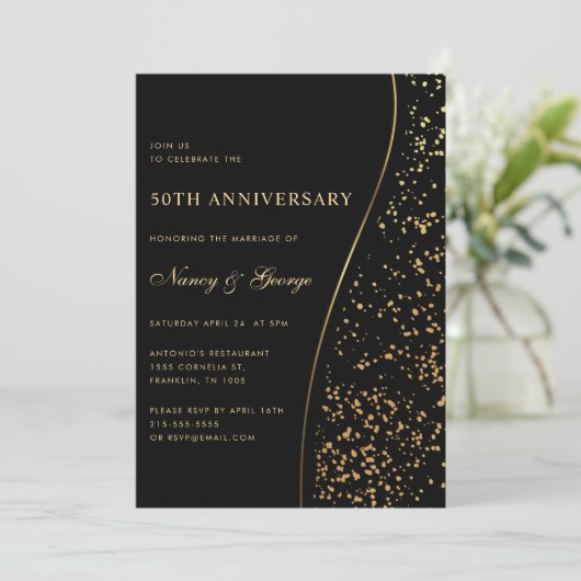 Luxury Gold Glitter Black 50th Wedding Anniversary 招待状 (スタンド正面)