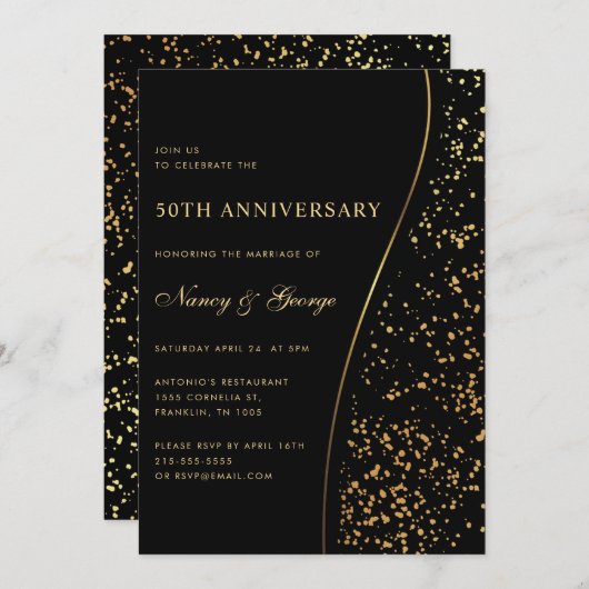 Luxury Gold Glitter Black 50th Wedding Anniversary 招待状 (正面/裏面)