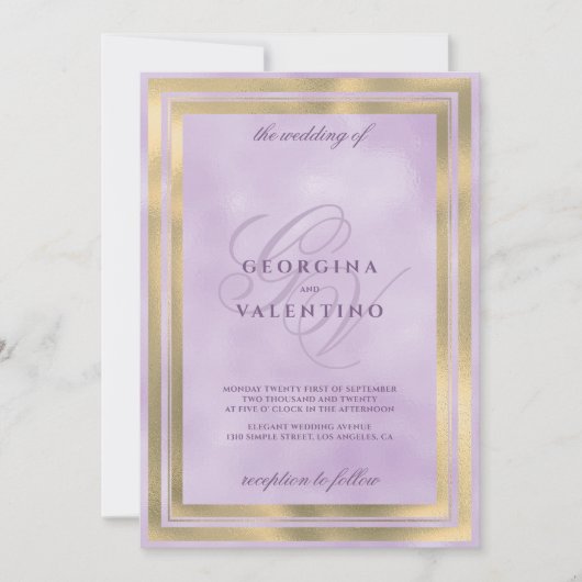 Luxury gold lavender monogram initials wedding 招待状 (正面)