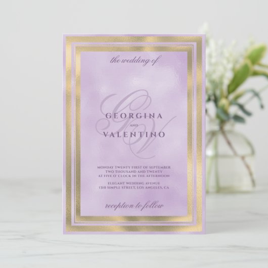 Luxury gold lavender monogram initials wedding 招待状 (スタンド正面)
