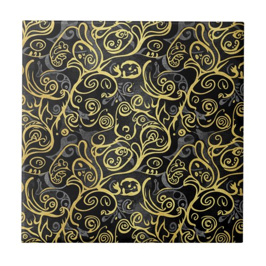 Luxury Gold Leaf Storybook Black Silver タイル (正面)
