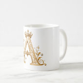 Luxury Gold Letter A Monogram with Crown & Lily Fl コーヒーマグカップ (正面右)