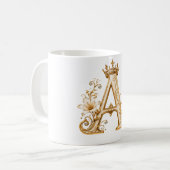 Luxury Gold Letter A Monogram with Crown & Lily Fl コーヒーマグカップ (正面左)