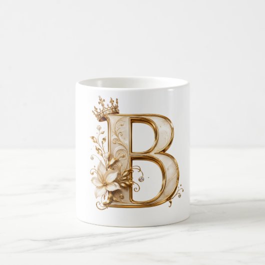 Luxury Gold Letter B Monogram with Crown & Lily Fl コーヒーマグカップ (中央)