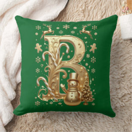 Luxury Gold Letter B Snowman Green Throw Pillow クッション